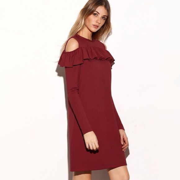 ✨Burgundy Cold Shoulder Ruffle Trim Shift Dress✨ - Picture 5 of 5
